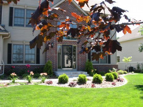 Front yard of a house with brick entry, green lawn, shrubs, and dark red tree branches