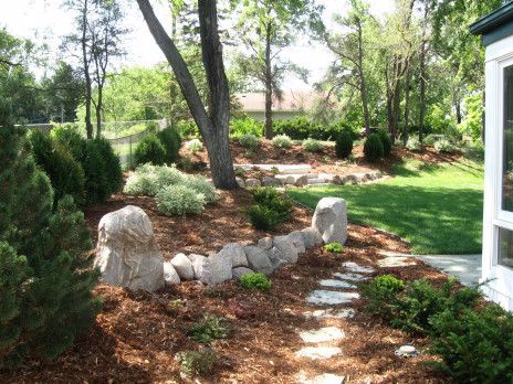 Wooded garden path bordered by rocks, shrubs, and trees beside a house