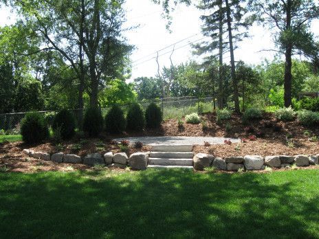 Grassy yard with stone steps, rocks, shrubs, and tall trees in the background.