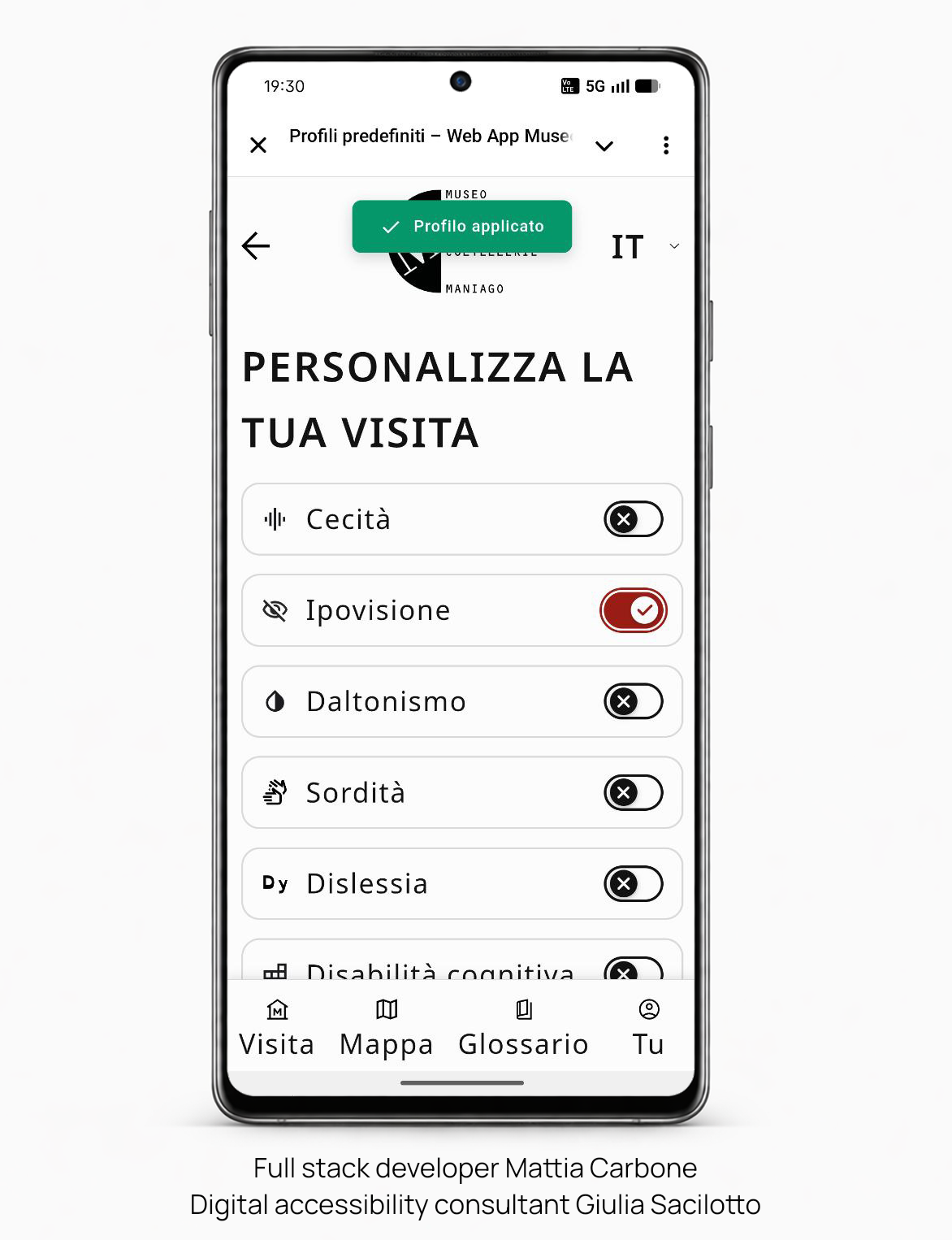 WebApp per la fruizione digitale di contenuti adattati per profili di utenza predefiniti: ipovisione, cecità, sordità, disabilità intellettiva, neurodivergenza, daltonismo, ecc. Full stack developer Mattia Carbone, Digital accessibility consultant Giulia Sacilotto