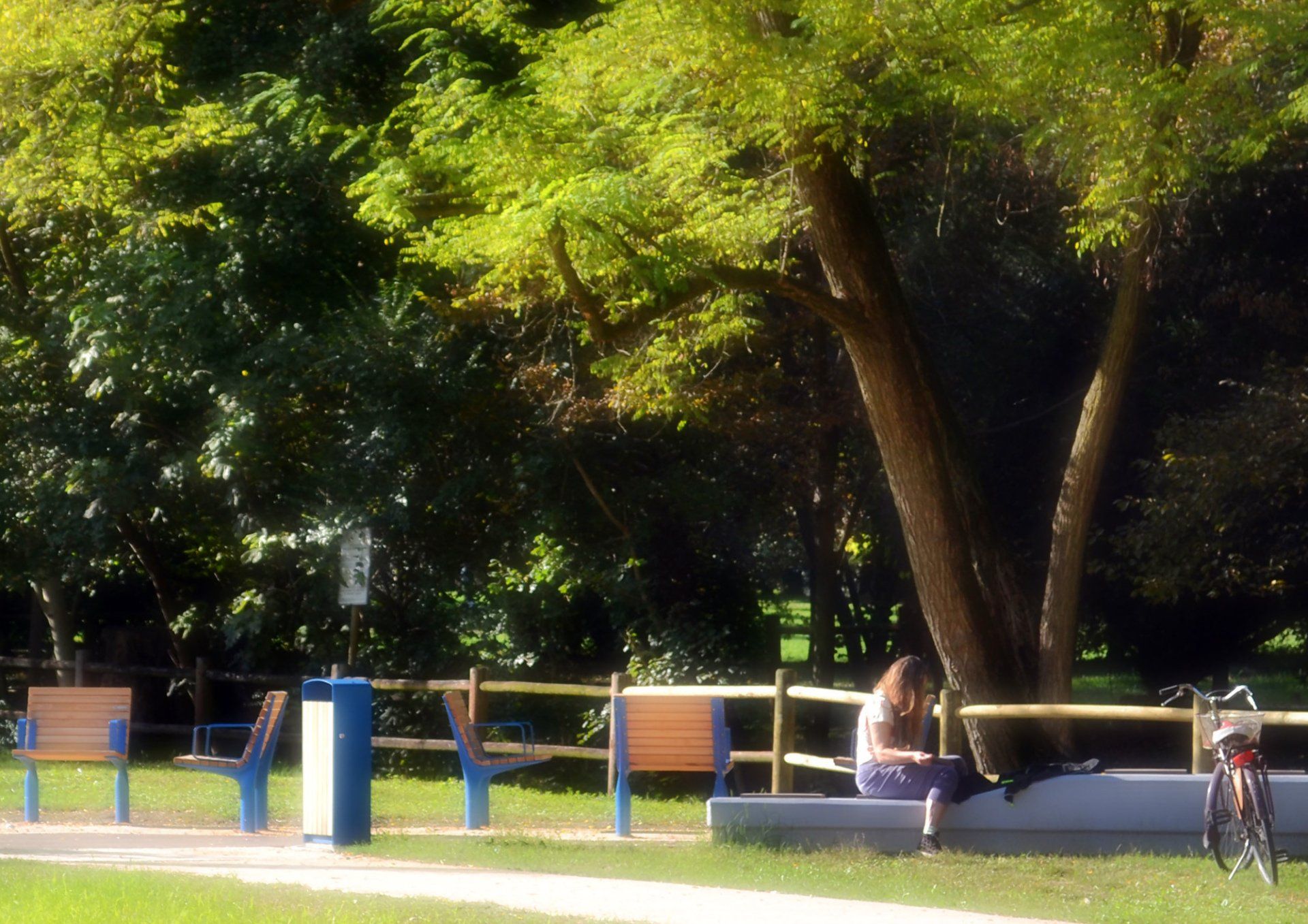 Parco urbano panchine ombreggiate e ad altezze diverse per adulti e bambini
