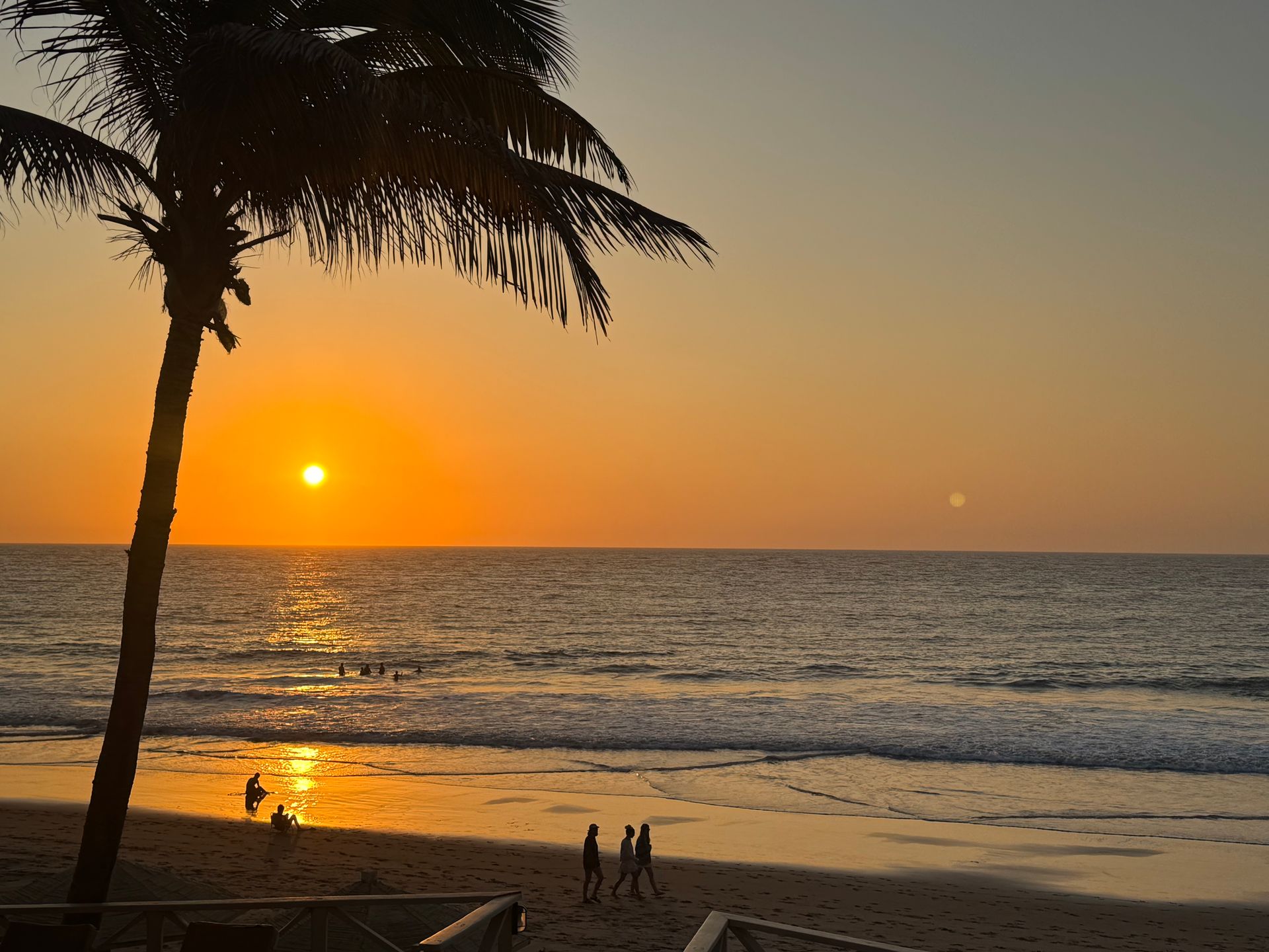 Sunset over ocean with palm tree silhouette and people on the beach.