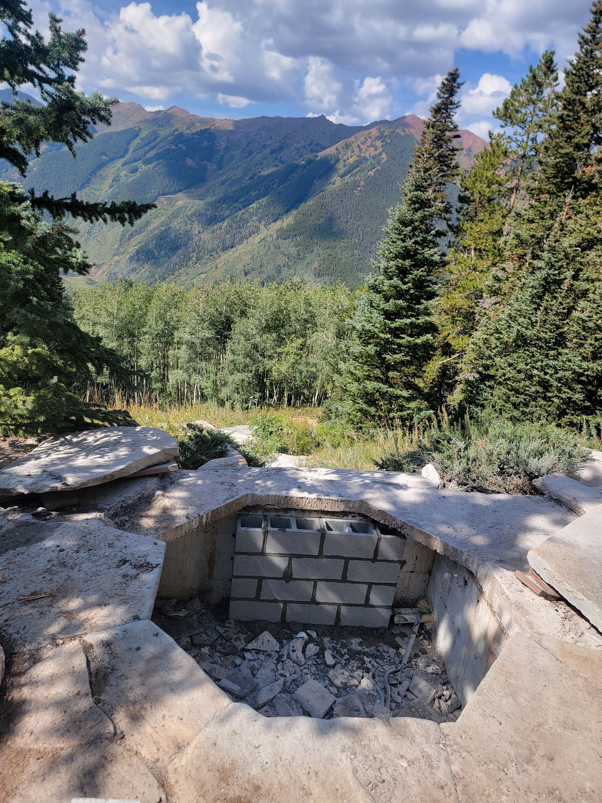 Mountain overlook with stone fire pit, evergreen trees, and distant blue-green mountains under a cloudy sky