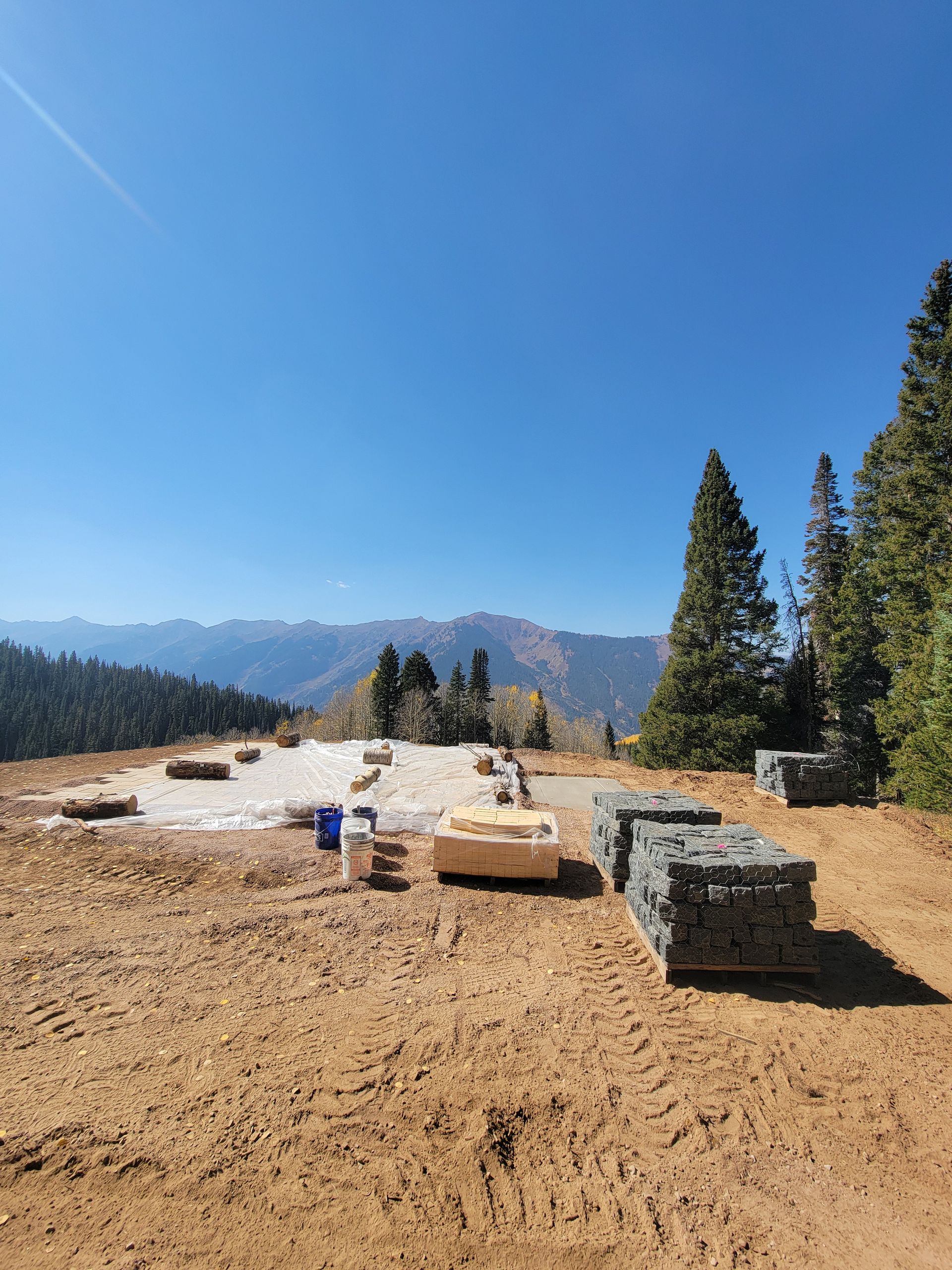 Snowy mountain landscape with a dirt turnout, picnic tables, and tall evergreen trees under a clear blue sky
