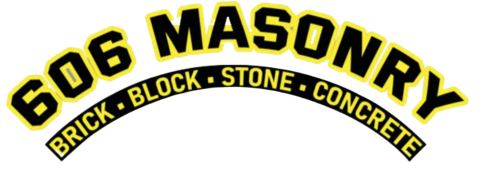 606 Masonry logo with black and yellow arched text and the words Brick, Block, Stone, Concrete