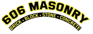 606 Masonry logo with black and yellow arched text and the words Brick, Block, Stone, Concrete