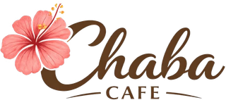 Chaba Café logo with pink flower and brown script text