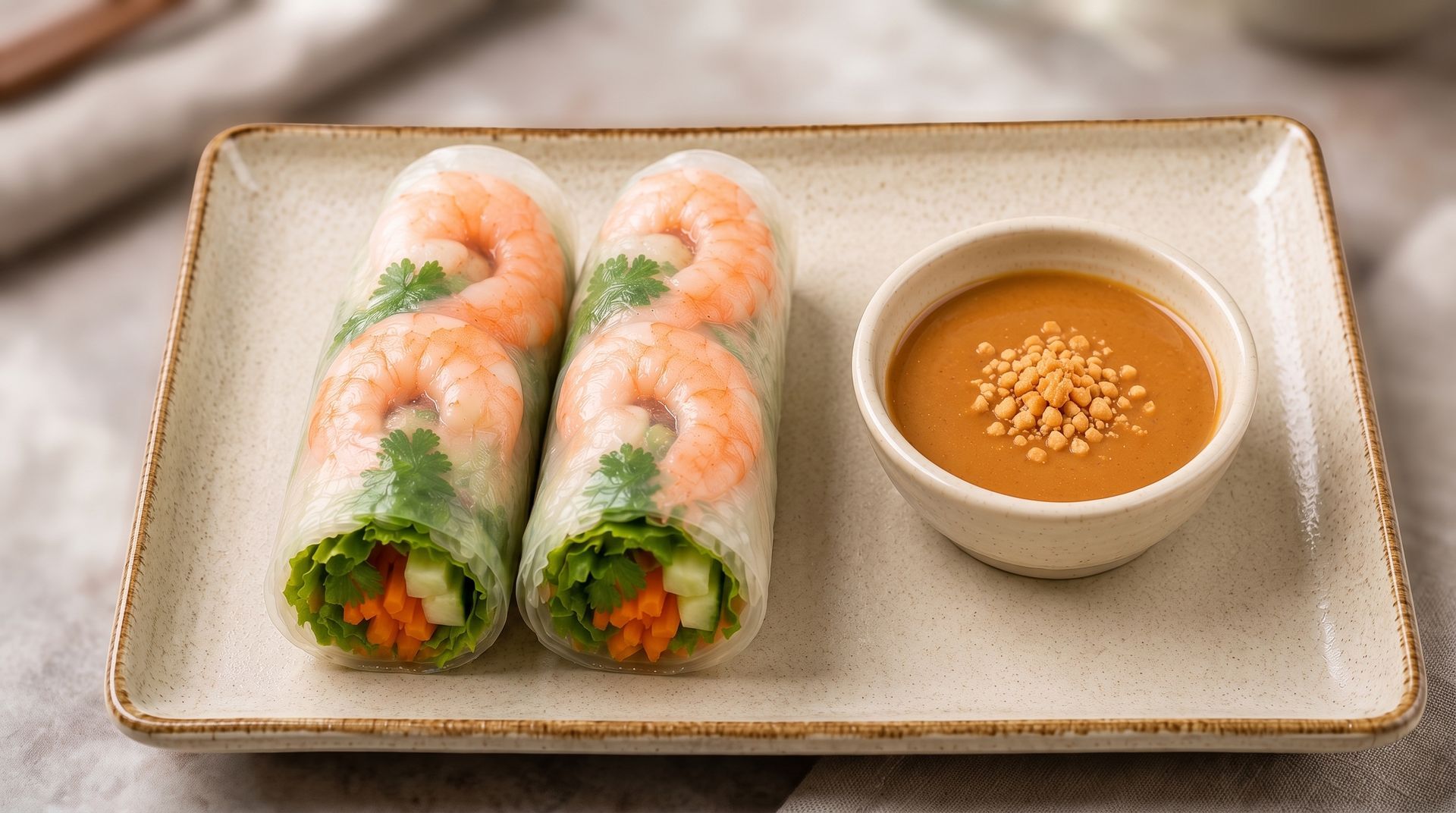 Two sushi rolls on a tray with orange dipping sauce and sesame seeds