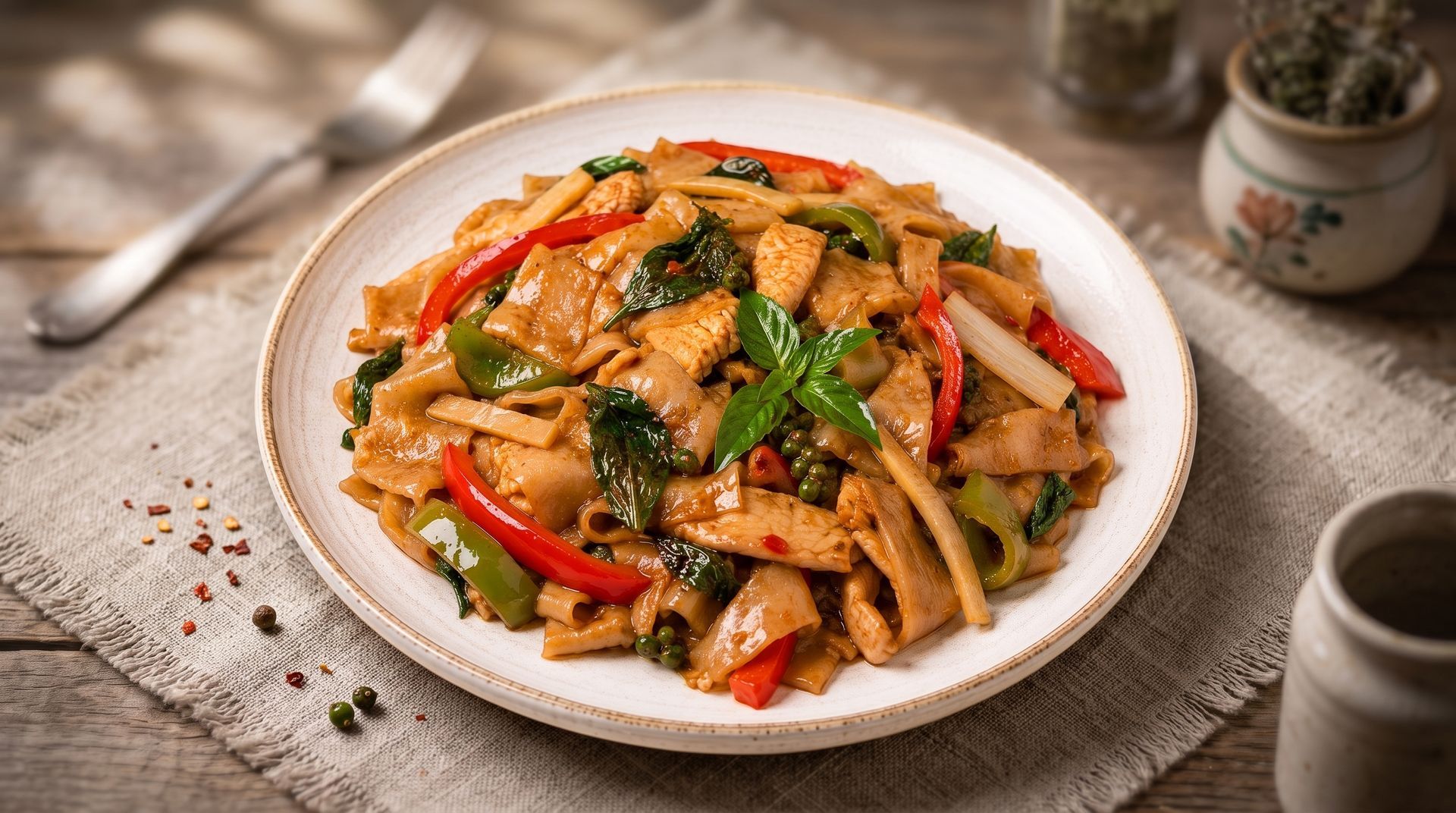 Plate of stir-fried noodles with vegetables and green garnish on a rustic table