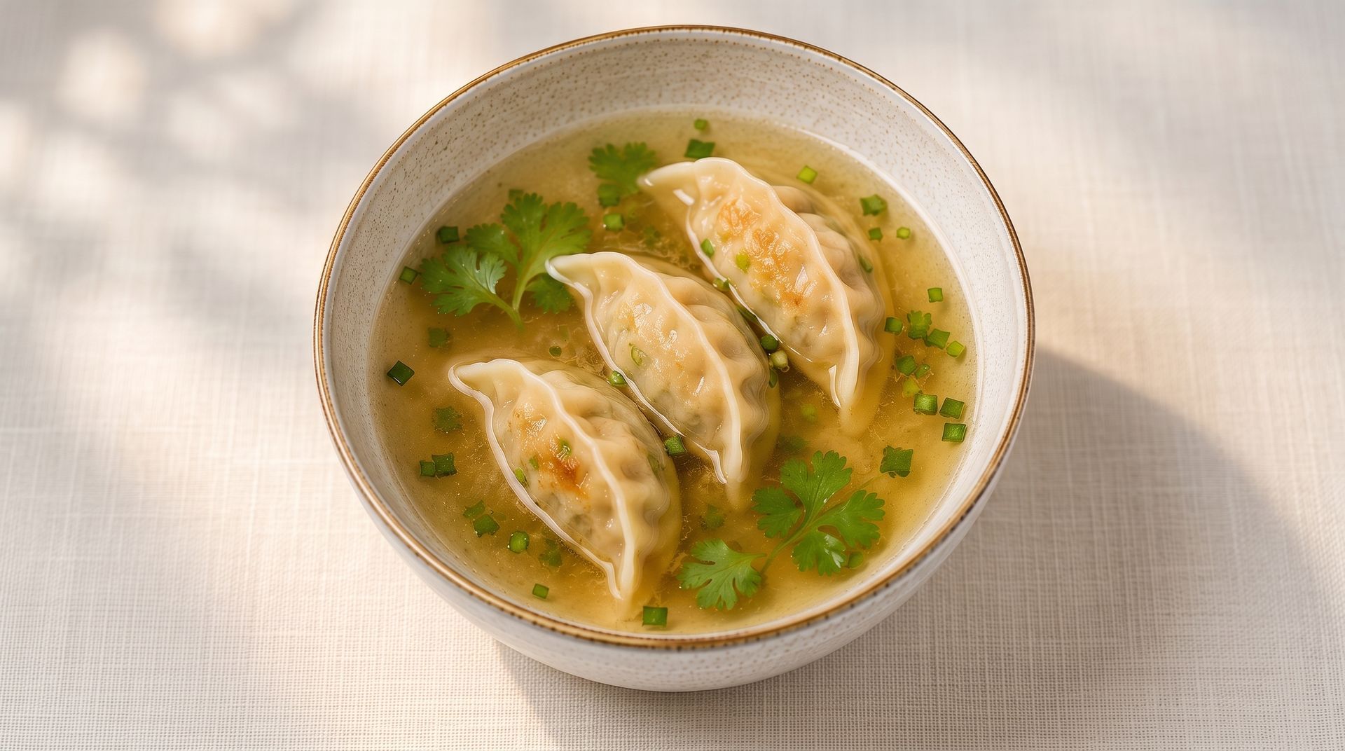 Bowl of dumpling soup with herbs on a light cloth background