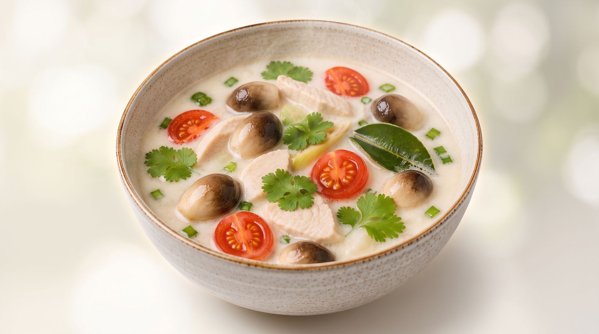 Creamy mushroom soup garnished with cherry tomatoes and herbs in a white bowl