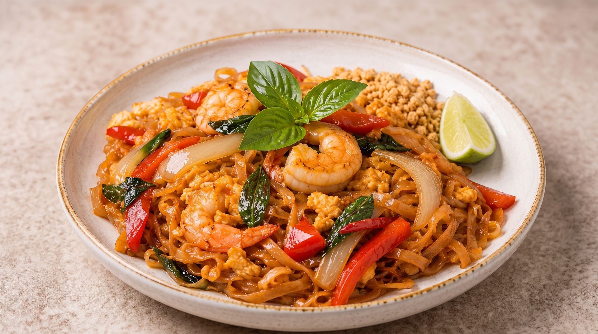 Plate of shrimp stir-fried noodles with basil, red peppers, and a lime wedge