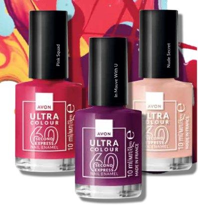 Three Avon nail polish bottles in pink, purple, and nude, with black caps, against a colorful backdrop.