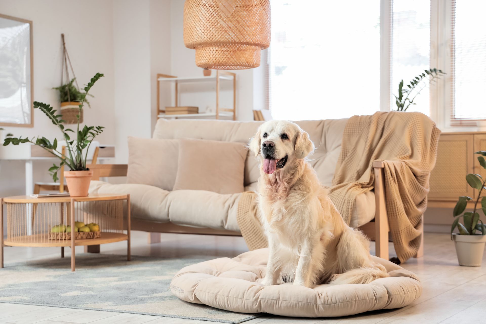 Golden retriever sitting on a cream cushion in a bright living room with beige sofa and plants