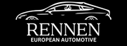 A black and white logo for rennen with a car in the background.