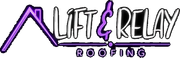 Purple-and-black Lift & Relay Roofing logo with a stylized roof line and wrench icon