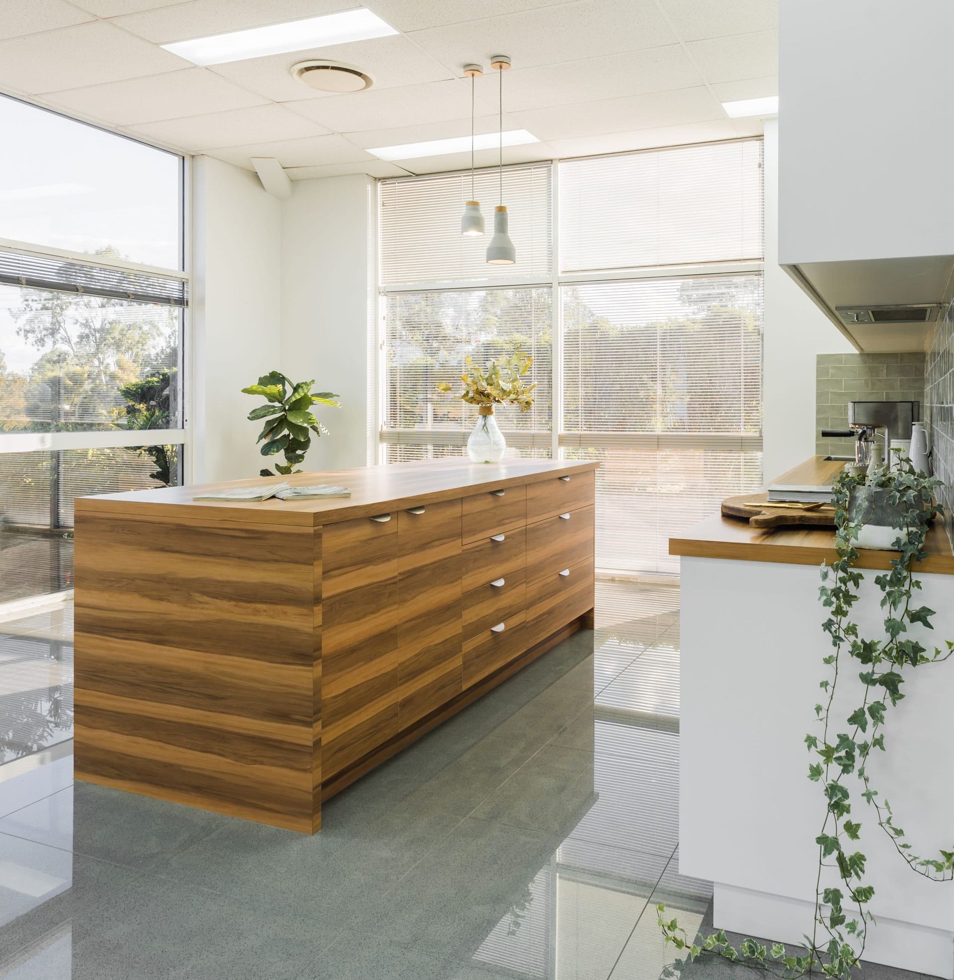 Modern Kitchen With Wooden Island, Large Windows, and Plants — Akyrah Kitchens in Gympie, QLD
