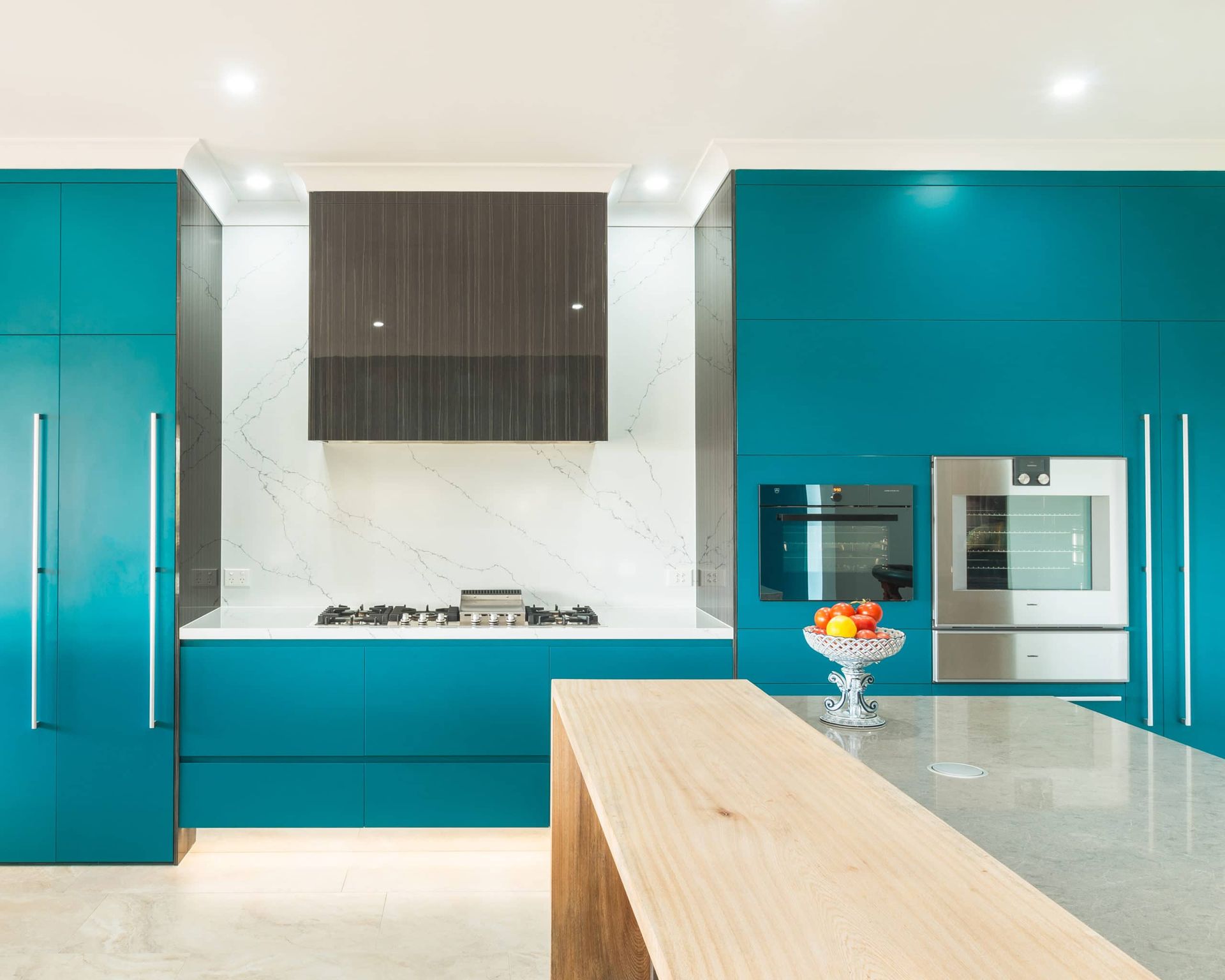 Teal Modern Kitchen With Marble Backsplash, Stainless Steel Appliances, and Wooden Counter — Akyrah Kitchens in Gympie, QLD
