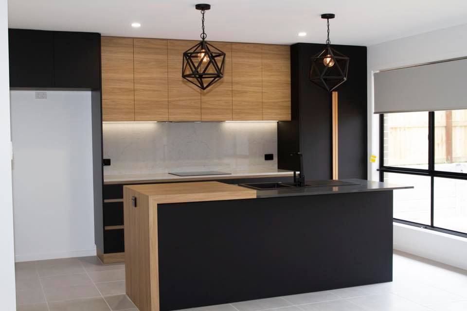 Modern Kitchen With Black and Wood Cabinetry, Island, and Geometric Pendant Lights — Akyrah Kitchens in Gympie, QLD