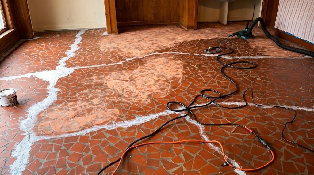 Red tiled floor with scattered white spill lines and black cords near a wall and doorway