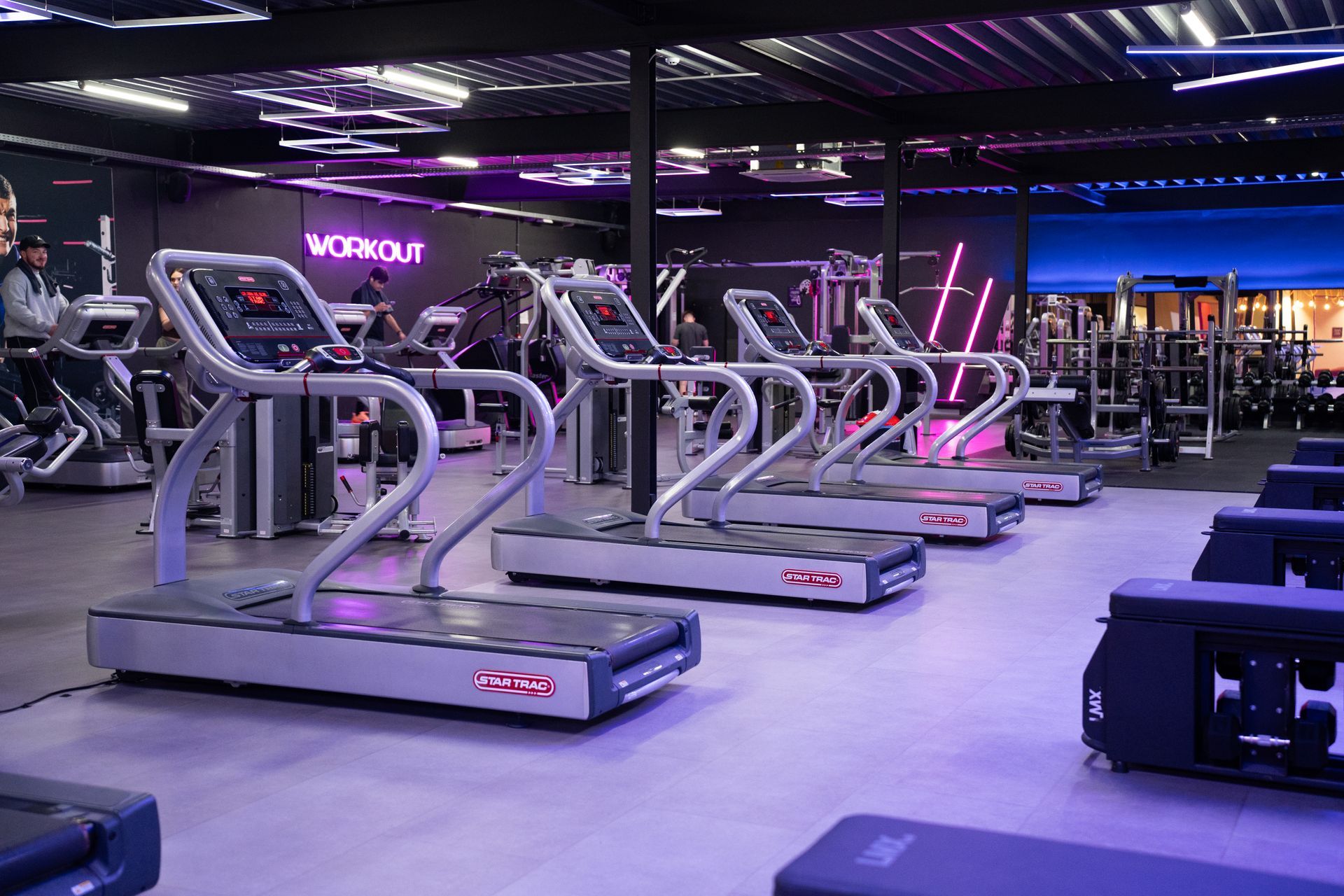 Moderne sportschool met rijen loopbanden onder paarse en blauwe verlichting.