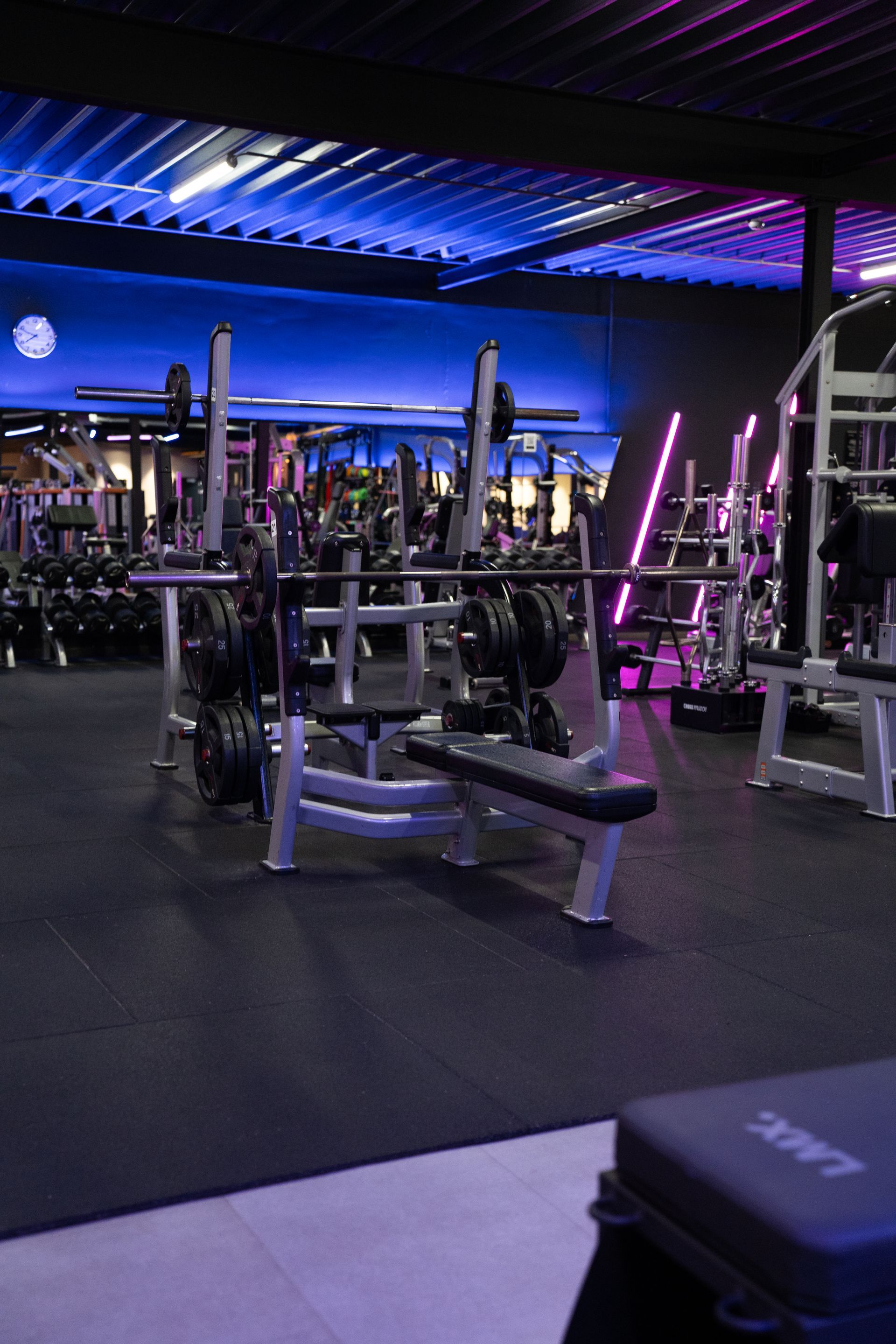 Modern fitnesscentrum met gewichtsapparaten, paarse verlichting en een donker plafond.
