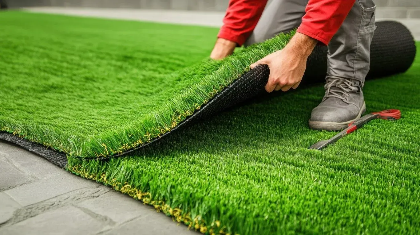 Professional landscaper installing artificial turf roll.