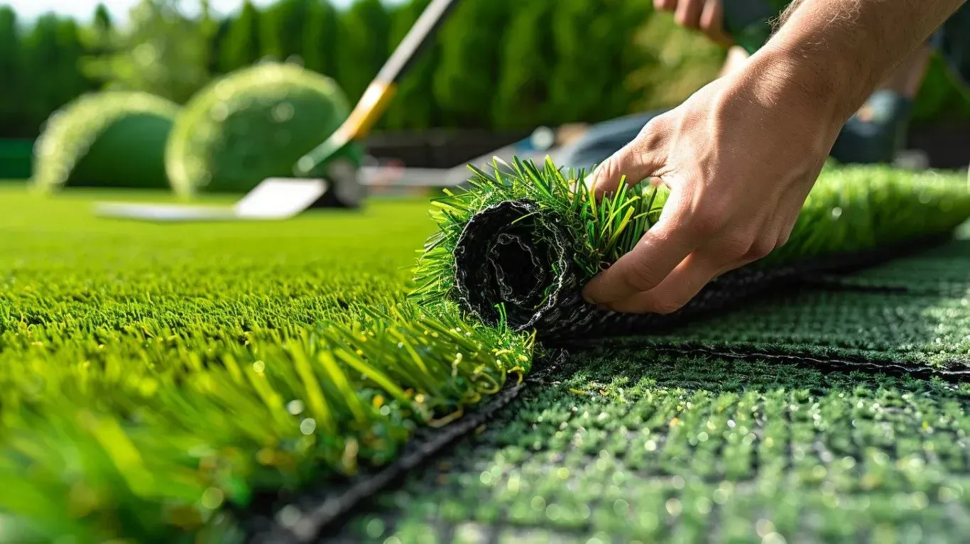 Hand installing artificial grass roll in a backyard.