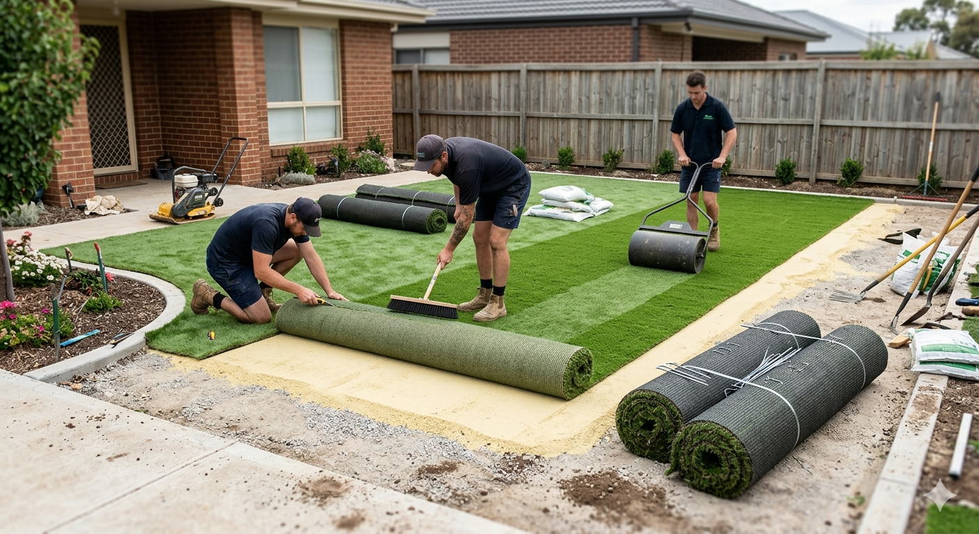 Professional installers laying artificial turf in a backyard.