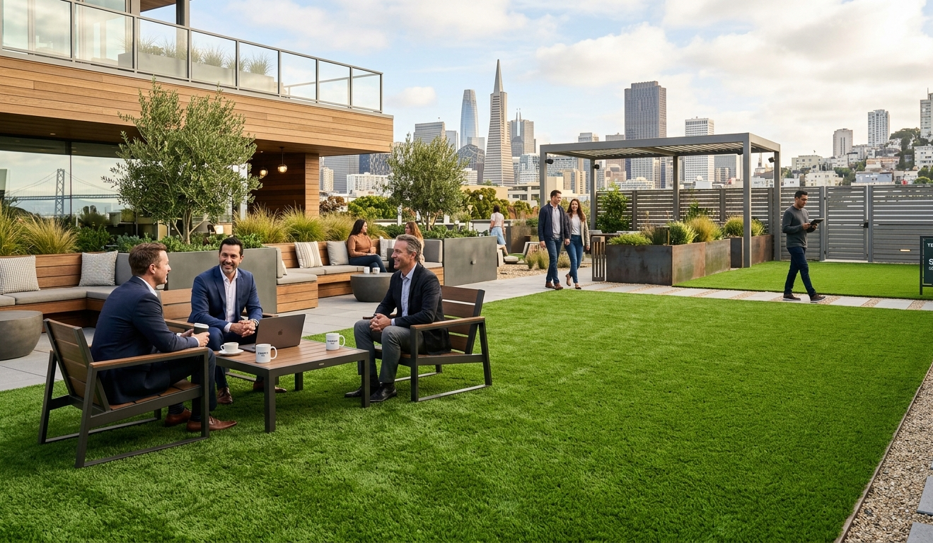 Professional meeting on a modern rooftop with lush artificial grass.