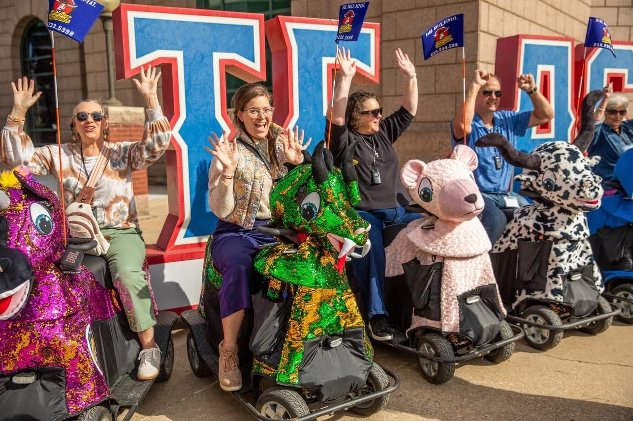Adults riding animal scooters in Arlington, Texas