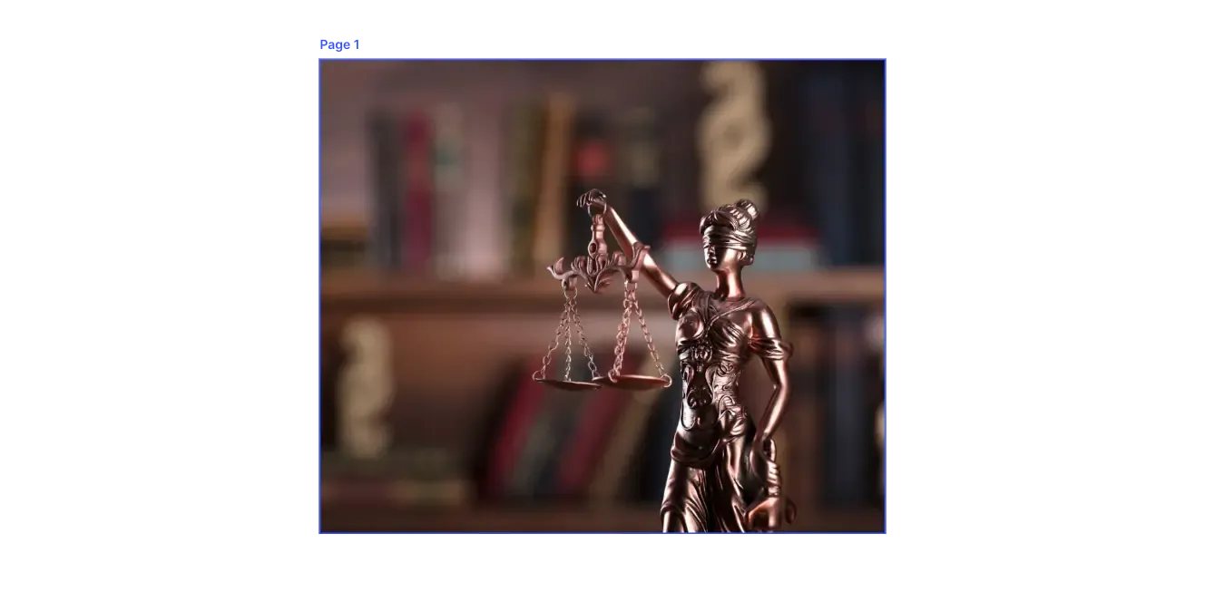 Bronze Lady Justice statue holding scales with bookshelf in background