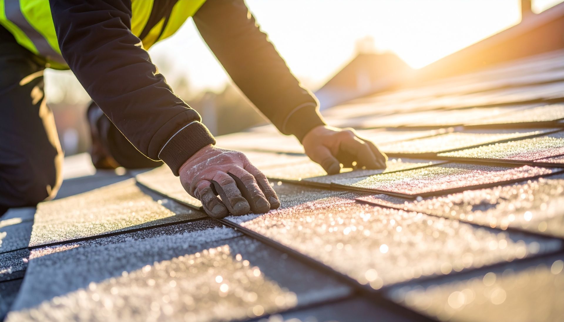 Professional roofing company worker installing durable asphalt shingles on a sunny residential home.