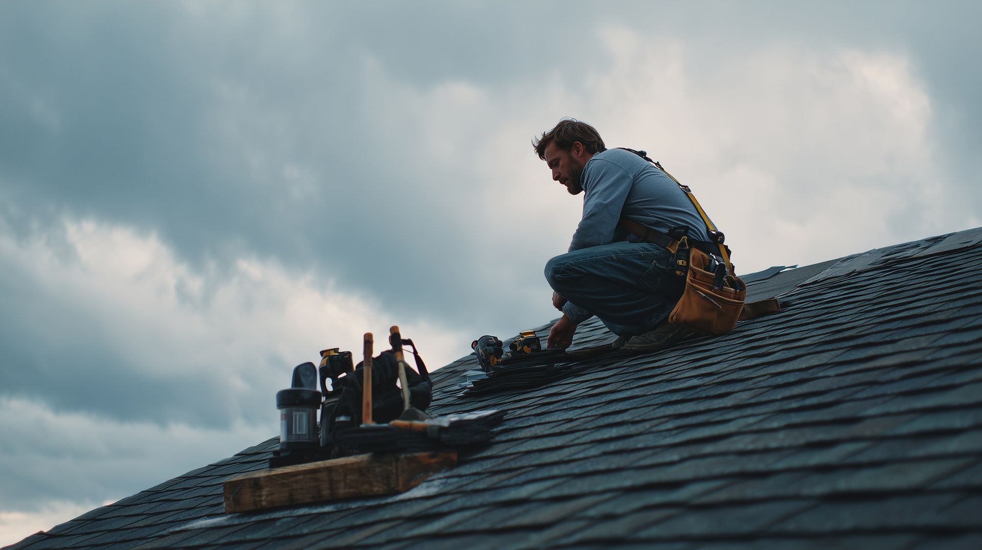 Contractor from a local roofing company repairing asphalt shingles.