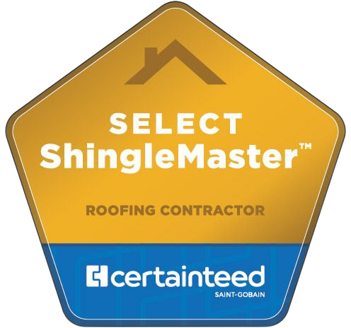 Gold and blue CertainTeed Select ShingleMaster Roofing Contractor emblem with a house roof icon.