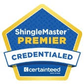 Select ShingleMaster Roofing Contractor badge by CertainTeed, gold and blue with a roof icon.