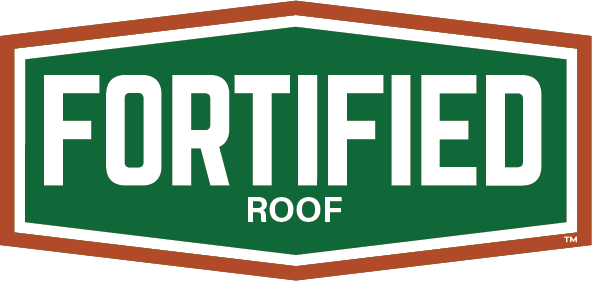 Logo for Fortified Roof: white text on a green hexagon with a brown outline.