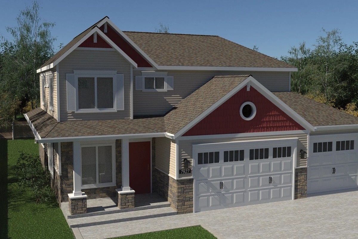 Two-story suburban house with gray siding, red gables, and an attached two-car garage