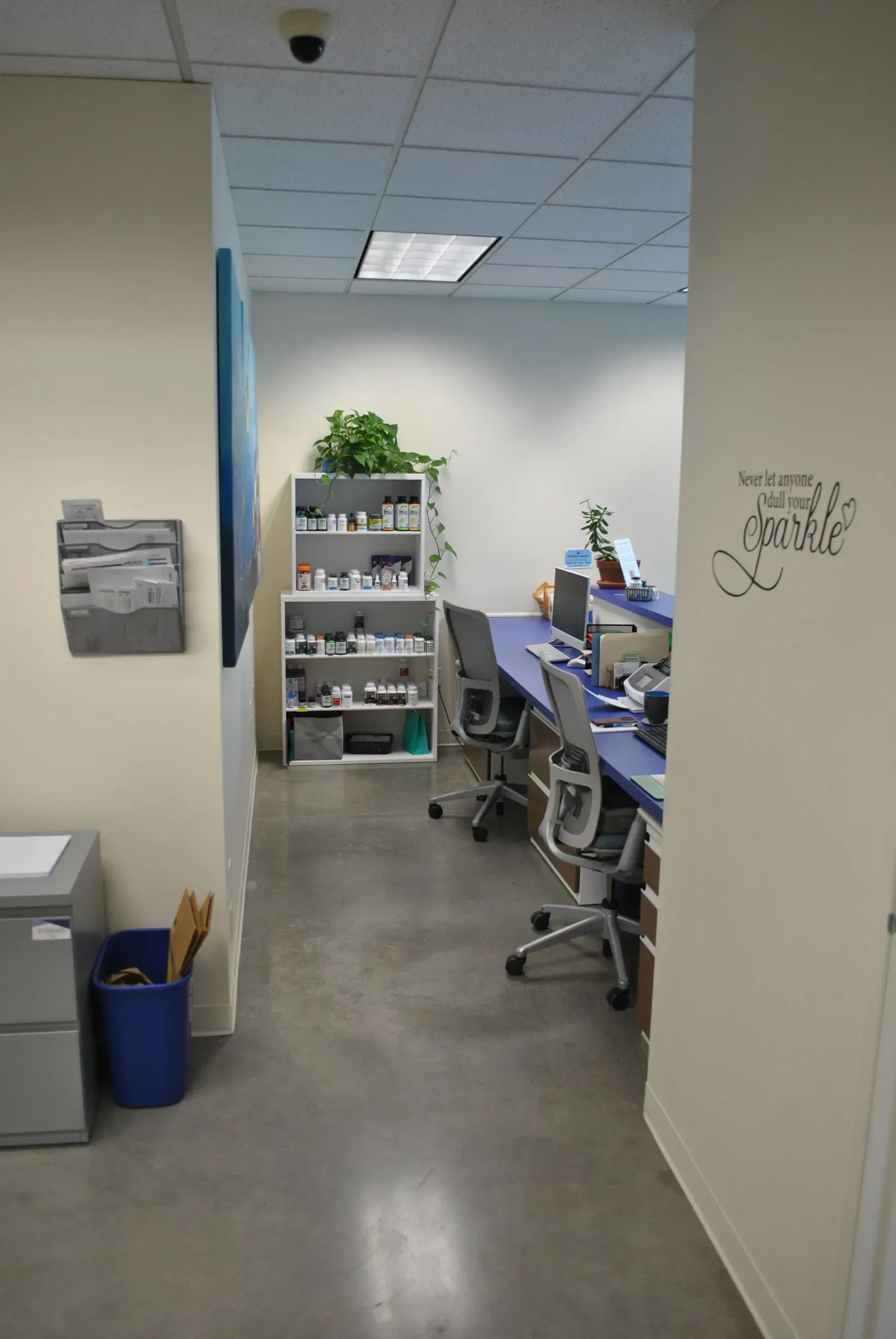 Office hallway view into a small cubicle workspace with shelves, desk, chair, and plant