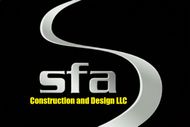 SFA Construction and Design LLC logo in silver and yellow on a black background