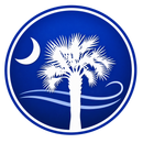 Blue circular logo with white palm tree, crescent moon, and wave lines.
