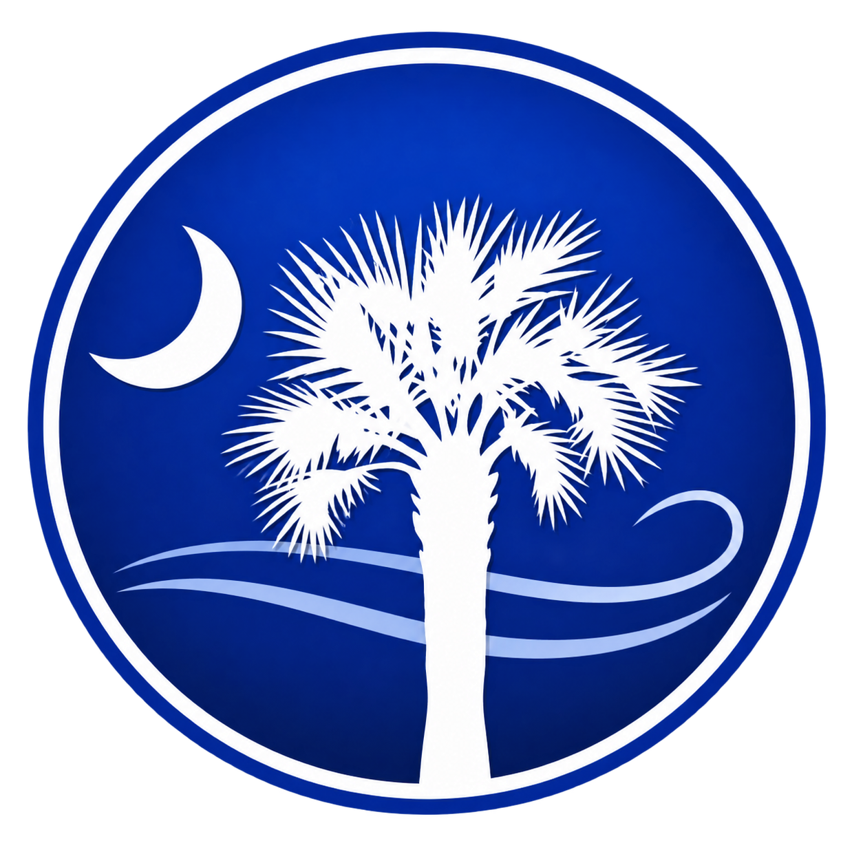 Blue circular logo with a white palm tree, crescent moon, and wave lines in the center