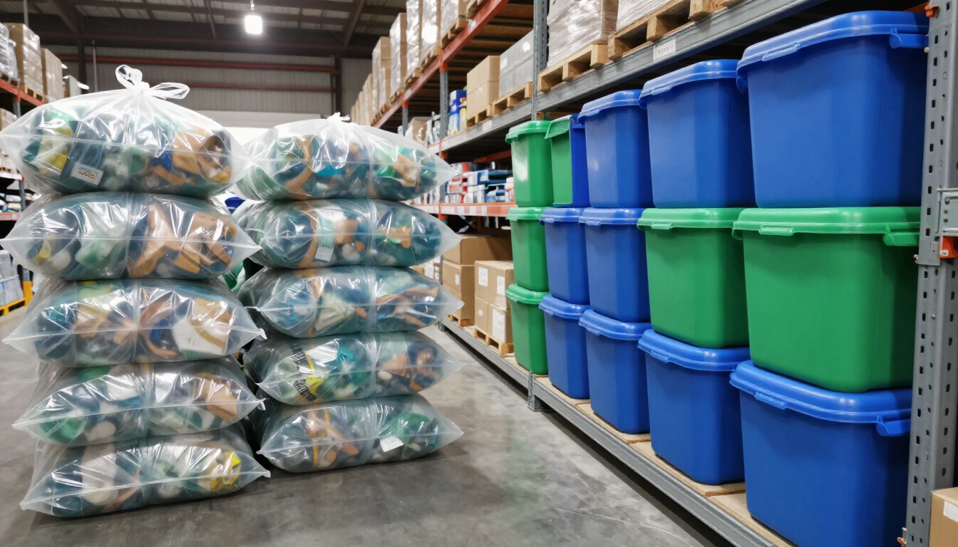 Pasillo de almacén con bolsas apiladas a la izquierda y contenedores de almacenamiento de plástico azules y verdes en los estantes a la derecha.
