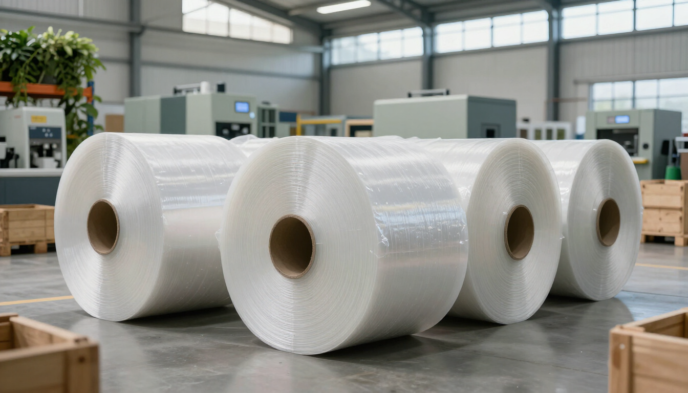 Grandes rollos blancos de película plástica apilados en un almacén industrial.