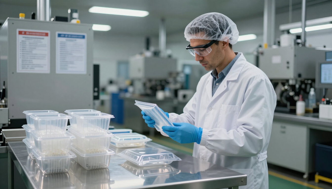 Técnico con bata de laboratorio y redecilla para el cabello inspeccionando muestras empaquetadas en un laboratorio limpio.