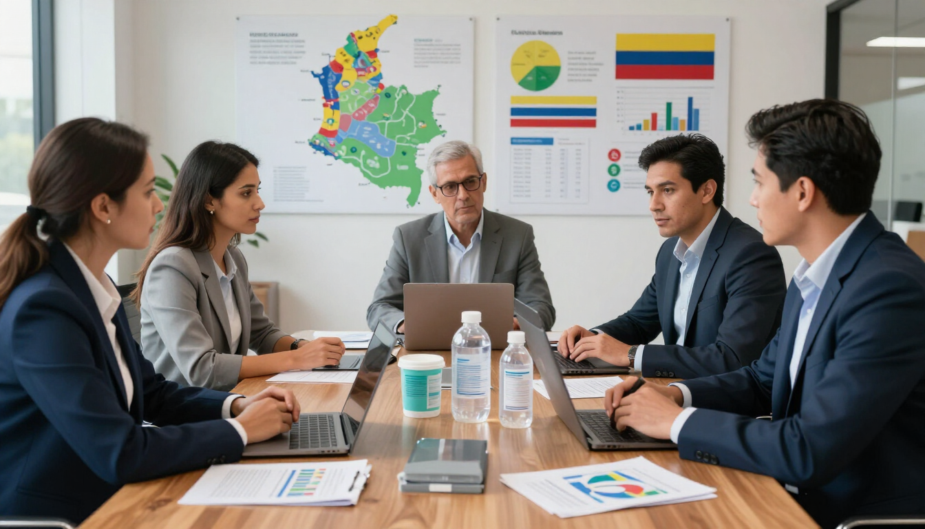 Reunión de negocios con cinco personas alrededor de una mesa, discutiendo gráficos y una computadora portátil en una oficina luminosa.