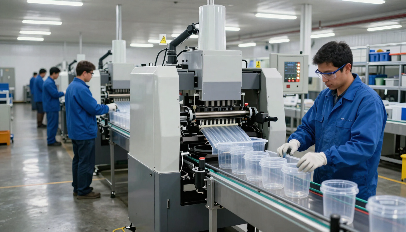 Los trabajadores, vestidos con uniformes azules, operan una línea de producción en una fábrica donde los vasos de plástico se desplazan por una cinta transportadora.