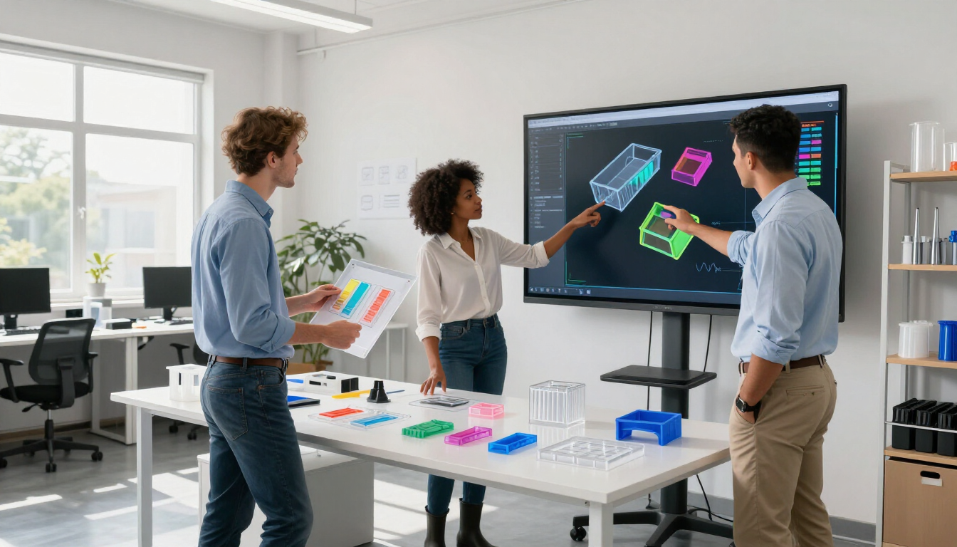 Tres personas en una oficina luminosa discuten sobre maquetas de diseño coloridas en una pantalla grande.