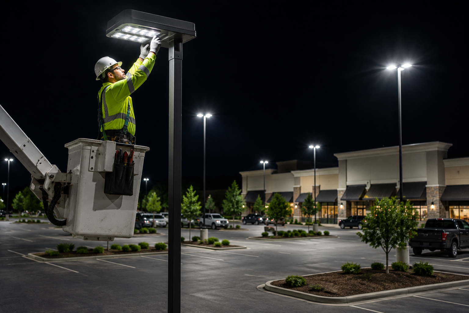 Empty parking lot outside a modern brick building at night, lit by tall streetlights.