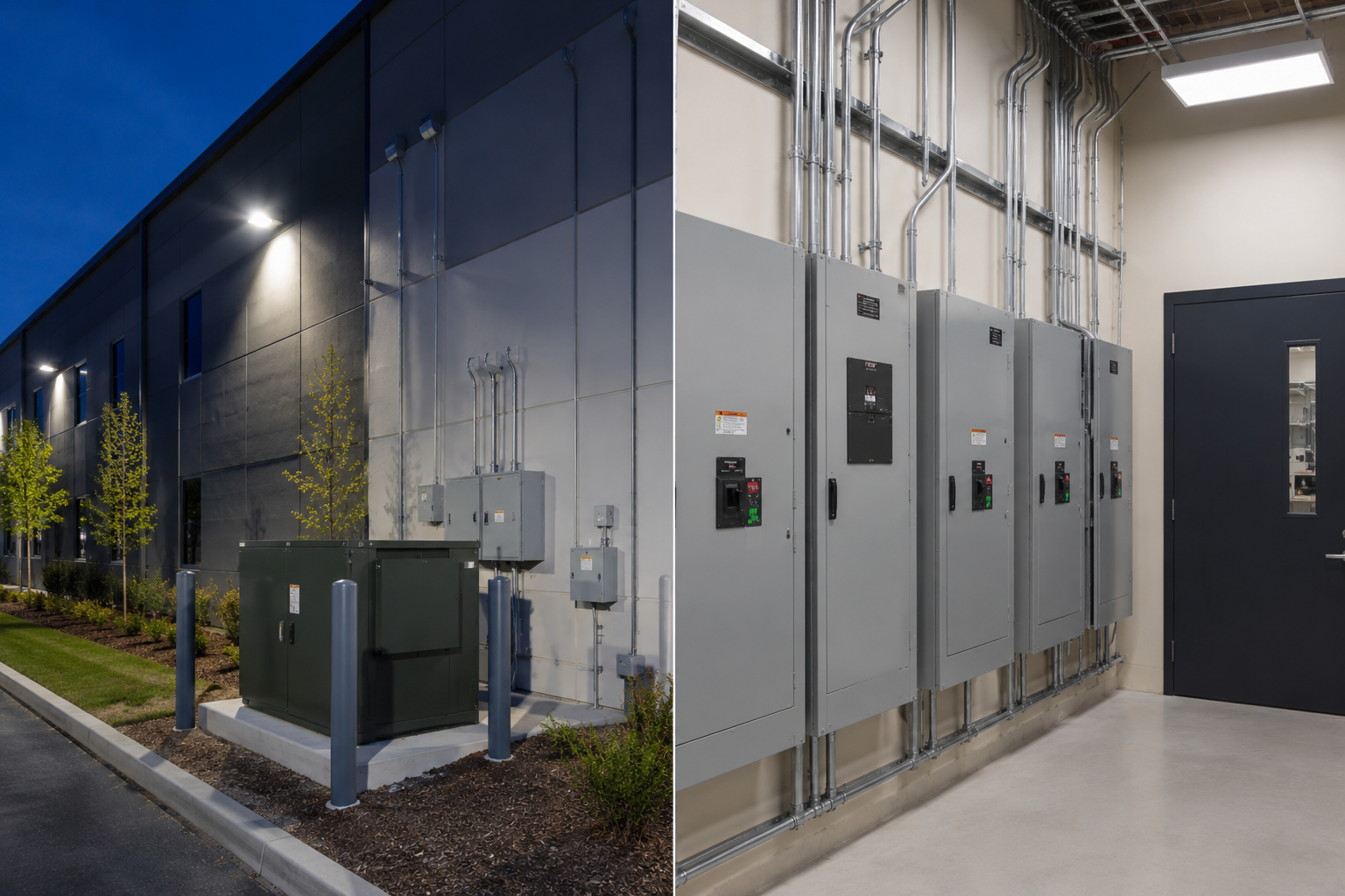 Industrial electrical equipment and large gray utility cabinets beside a building at dusk